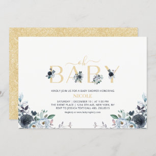 Navy Blue en Gold Elegant Boho Floral Baby shower Kaart