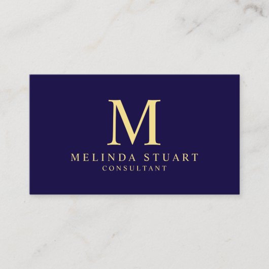 Navy Blue en Gold Elegant Monogram Visitekaartje (Voorkant)