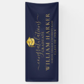 Navy Blue en Gold Elegant Script Afstuderen Spandoek (Verticaal)
