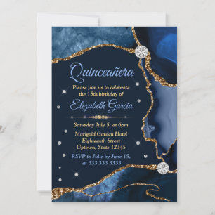 Navy Blue en Gold Faux Glitter Agate Quinceanera Kaart