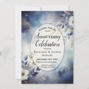 Navy Blue en Gold Floral Jubileum Party Kaart