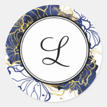 Navy Blue en Gold Floral Monogram Sticker