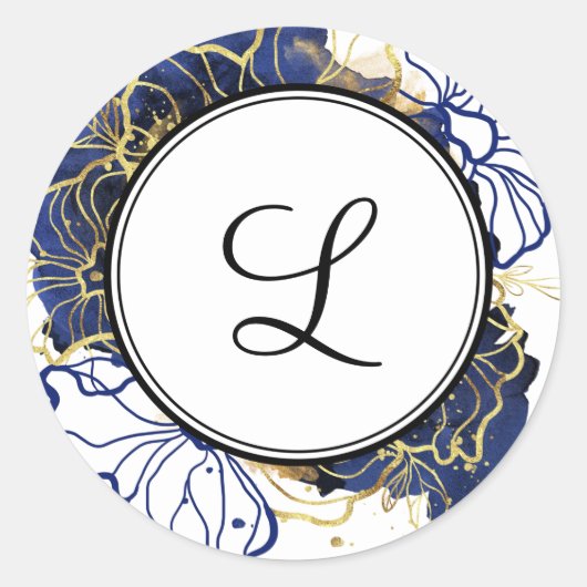 Navy Blue en Gold Floral Monogram Sticker (Voorkant)
