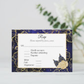 Navy Blue en Gold Floral RSVP (Staand voorkant)