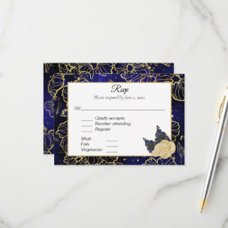 Navy Blue en Gold Floral RSVP Kaartje