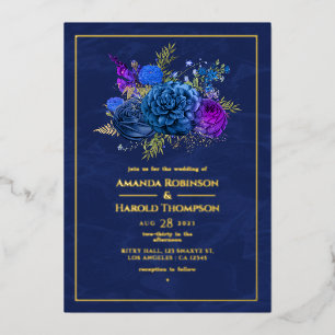 Navy Blue en Gold  Floral Wedding Folie in Folie Uitnodiging