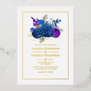 Navy Blue en Gold Floral Wedding Folie in Uitnodiging