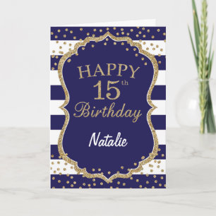 Navy Blue en Gold Glitter 15e geboortedagkaart Kaart