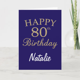 Navy Blue en Gold Glitter 80th Birthday Card Kaart