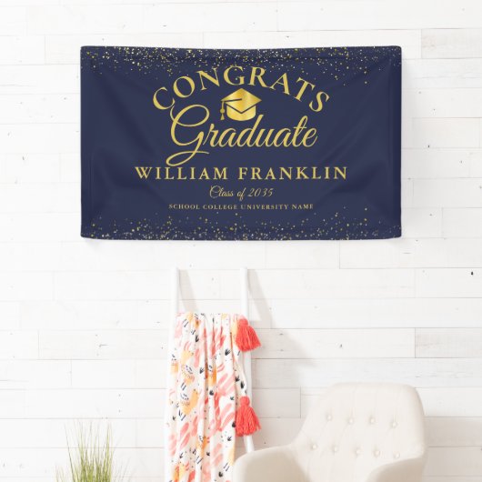 Navy Blue en Gold Glitter Modern Afstuderen Spandoek (Insitu)