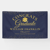Navy Blue en Gold Glitter Modern Afstuderen Spandoek (Horizontaal)