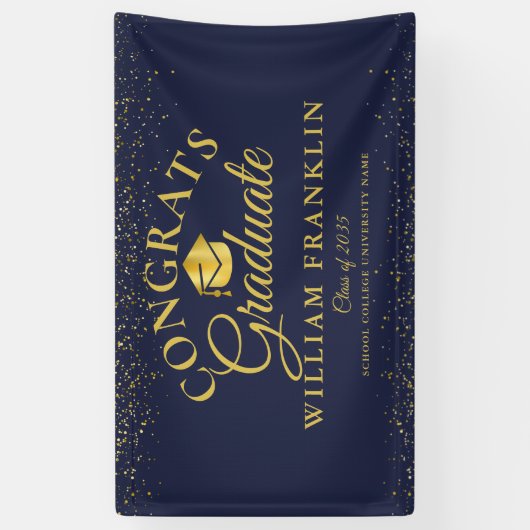 Navy Blue en Gold Glitter Modern Afstuderen Spandoek (Verticaal)