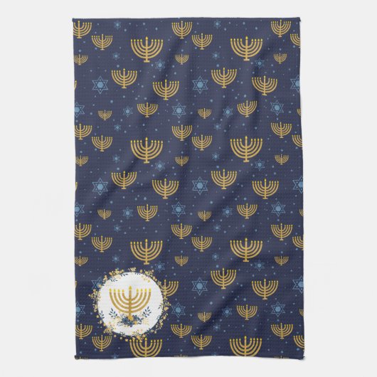 Navy Blue en Gold Hanukkah Menorah Pattern Theedoek (Verticaal)