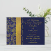 Navy Blue en Gold Lace Wedding Invites Kaart (Staand voorkant)