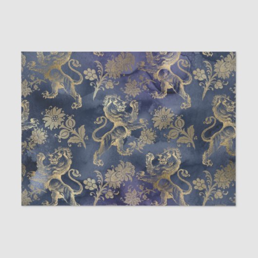 Navy Blue en Gold Lion Floral Tissuepapier (Voorkant)