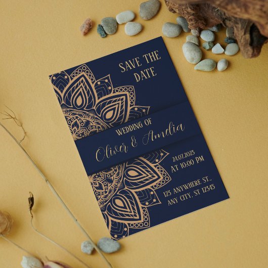Navy Blue en Gold Luxury Mandala Wedding Kaart