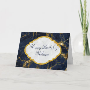 Navy Blue en Gold Marble Modern Stylish Birthday Kaart