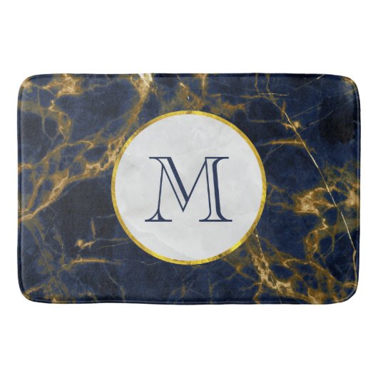Navy Blue en Gold Marble Modern Stylish Monogram Badmat (Voorkant)