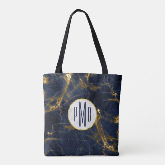 Navy Blue en Gold Marble Modern Stylish Monogram Draagtas (Achterkant)