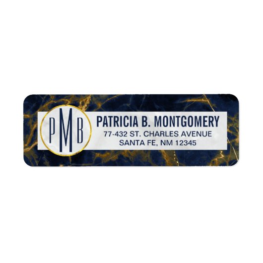 Navy Blue en Gold Marble Modern Stylish Monogram Etiket (Voorkant)
