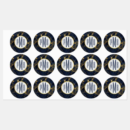 Navy Blue en Gold Marble Modern Stylish Monogram Labels (Vel)