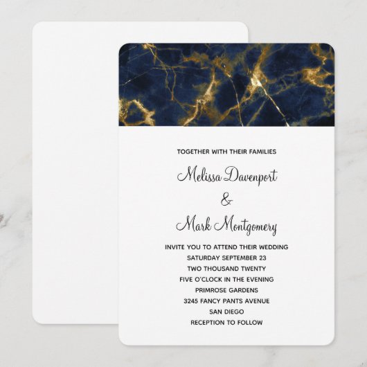 Navy Blue en Gold Marble Modern Stylish Wedding Kaart (Voorkant / Achterkant)