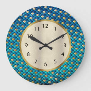 Navy Blue en Gold Mermaid Scales Grote Klok