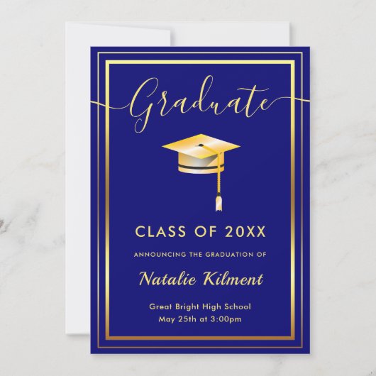 Navy Blue en Gold Modern Afstuderen Pet Afstuderen Aankondiging (Voorkant)