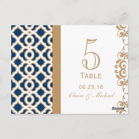 Navy Blue en Gold Moroccan Wedding Table Number Briefkaart (Achterkant)