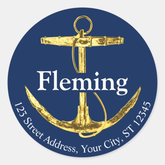 Navy Blue en Gold Nautical Anchor Wedding Ronde Sticker (Voorkant)
