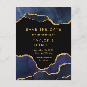 Navy Blue en Gold Painted Agate Save the Date Pos Briefkaart