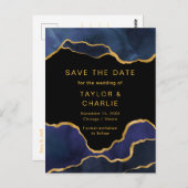 Navy Blue en Gold Painted Agate Save the Date Pos Briefkaart (Voorkant / Achterkant)