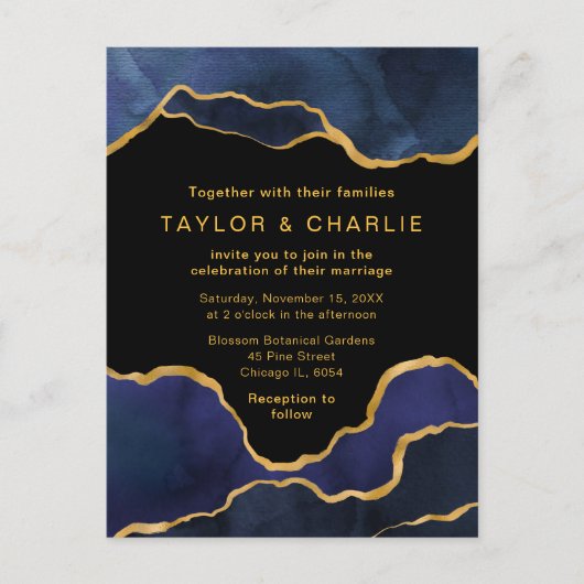 Navy Blue en Gold Painted Agate Wedding Briefkaart (Voorkant)
