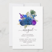 Navy Blue en Gold Peacock Floral Birthday Kaart (Voorkant)