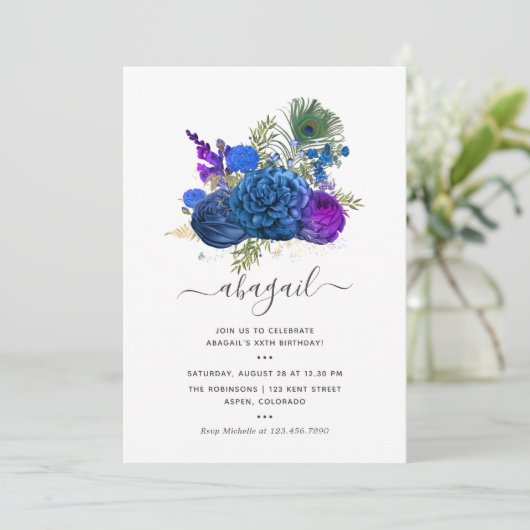 Navy Blue en Gold Peacock Floral Birthday Kaart (Staand voorkant)