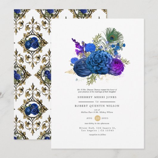 Navy Blue en Gold  Peacock Floral Wedding Kaart (Voorkant / Achterkant)