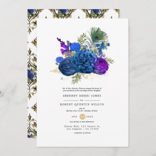 Navy Blue en Gold  Peacock Floral Wedding Kaart