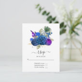 Navy Blue en Gold  Peacock RSVP Kaartje (Staand voorkant)