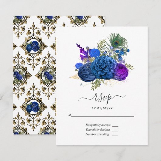 Navy Blue en Gold  Peacock RSVP Kaartje (Voorkant / Achterkant)