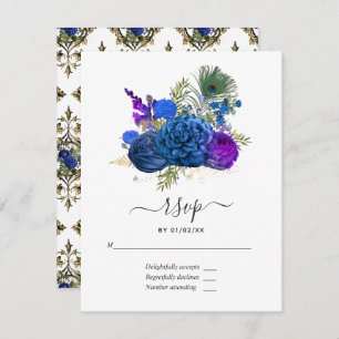 Navy Blue en Gold  Peacock RSVP Kaartje