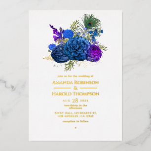 Navy Blue en Gold  Peacock Wedding Folie in Uitnodiging
