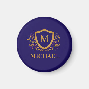 Navy Blue en Gold Personalized Monogram Name Magneet