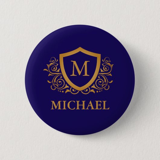Navy Blue en Gold Personalized Monogram Name Ronde Button 5,7 Cm (Voorkant)