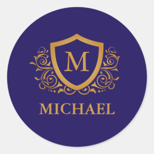 Navy Blue en Gold Personalized Monogram Name Ronde Sticker