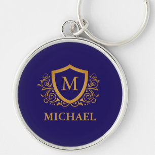 Navy Blue en Gold Personalized Monogram Name Sleutelhanger