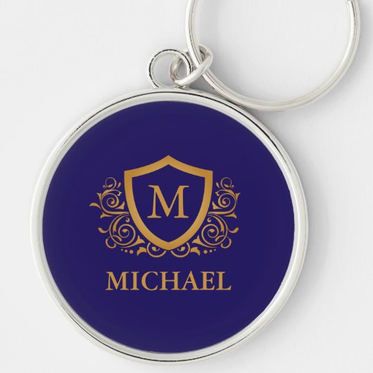 Navy Blue en Gold Personalized Monogram Name Sleutelhanger (Voorkant)
