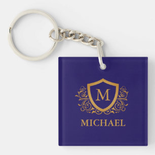 Navy Blue en Gold Personalized Monogram Name Sleutelhanger