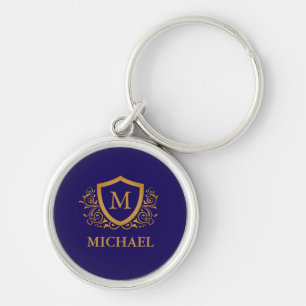 Navy Blue en Gold Personalized Monogram Name Sleutelhanger