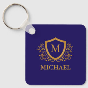 Navy Blue en Gold Personalized Monogram Name Sleutelhanger