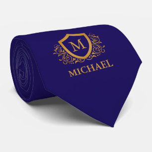 Navy Blue en Gold Personalized Monogram Name Stropdas